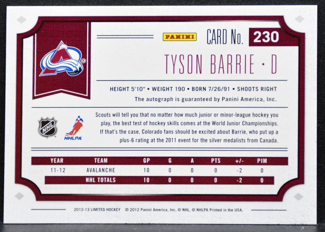 2012-13 Panini Limited Phenoms Tyson Barrie RC Auto 327/499 Jersey 6297