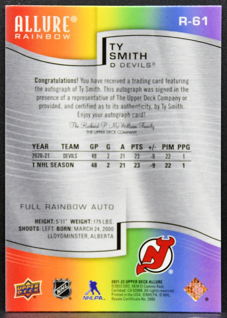 2021-22 Upper Deck Allure Full Rainbow Auto Ty Smith R-61 Devils Auto 0768