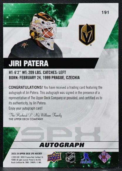 2023-24 SPx Rookies Auto Jiri Patera 191 Vegas Golden Knights RC Auto 7023