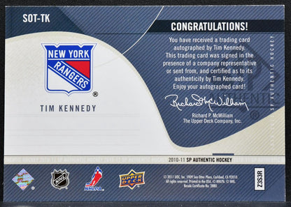 2010-11 SP Authentic Sign of the Times Tim Kennedy New York Rangers Auto 7042
