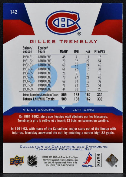 2008-09 UD Montreal Canadiens Centennial Gilles Tremblay 142 Canadiens Auto 3640
