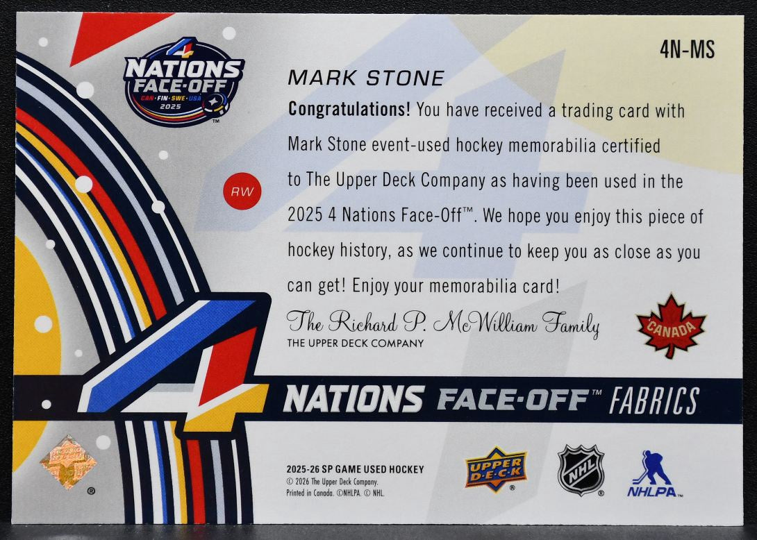 2025-26 SP Game Used 4 Nations Face Off Fabrics Mark Stone Canada Jersey 6064