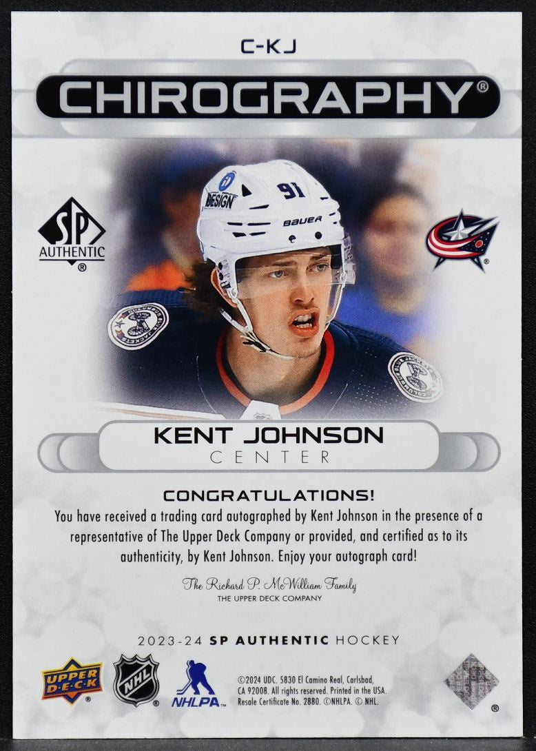 2023-24 SP Authentic Chirography Kent Johnson C-KJ Columbus Blue Jackets Auto