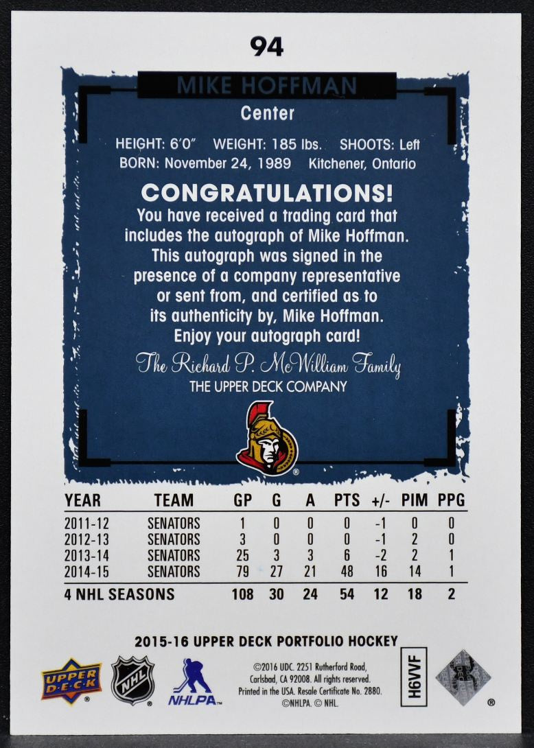 2016-17 UD Portfolio Autographs Mike Hoffman 94 Ottawa Senators Auto