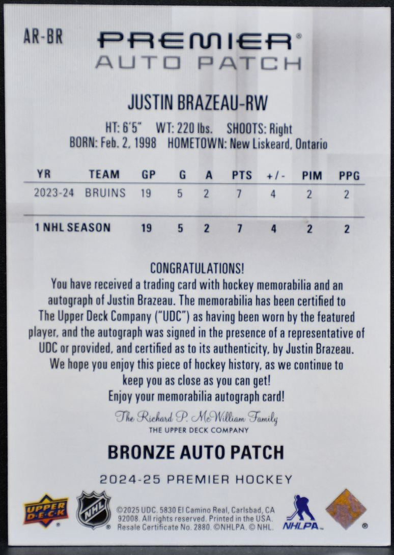 2024-25 UD Premier Rookie Bronze Auto Brazeau Bruins RC Auto /249 Patch 3864