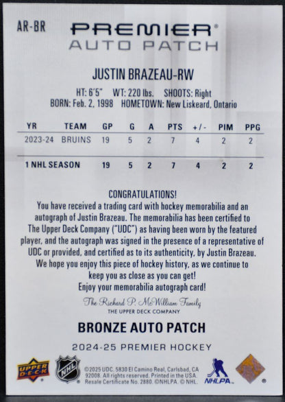 2024-25 UD Premier Rookie Bronze Auto Brazeau Bruins RC Auto /249 Patch 3864