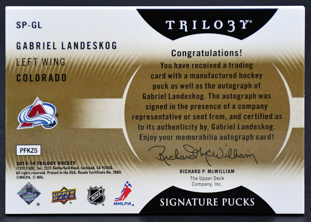 2013-14 UD Trilogy Signature Pucks Gabriel Landeskog SP-GL Auto