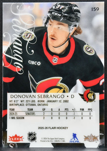 2025-26 Flair Donovan Sebrango 159 Ottawa Senators RC 6128