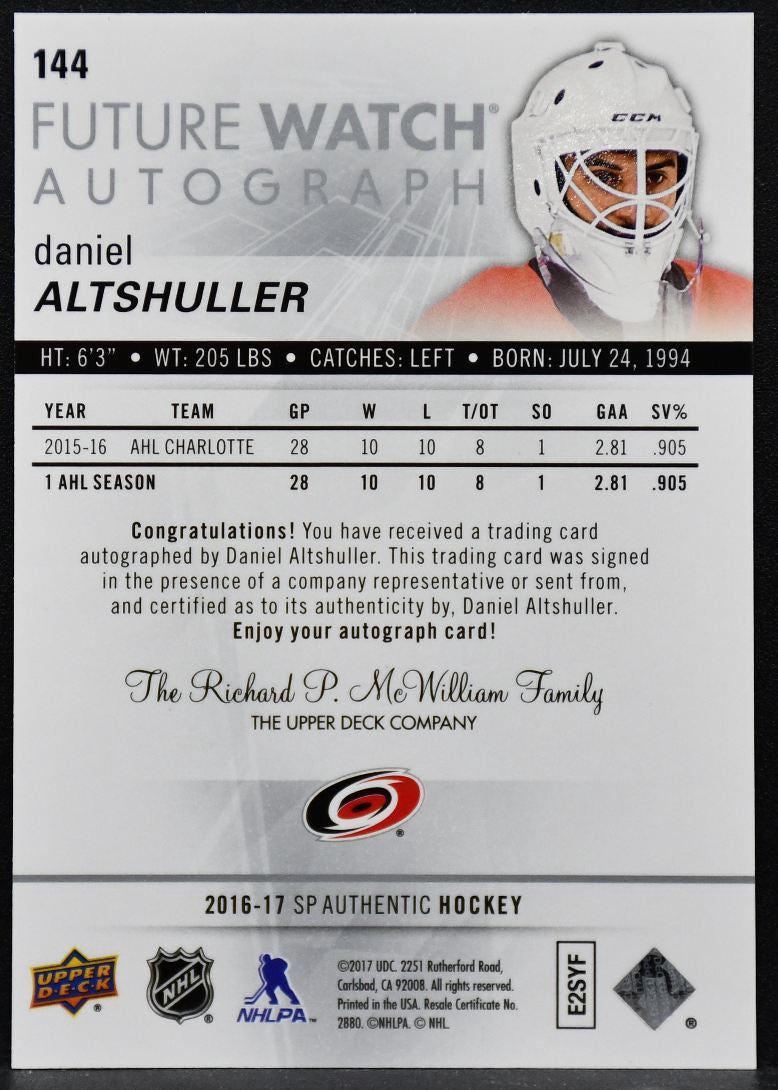 2016-17 SP Authentic Future Watch Auto Daniel Altshuller 144  RC Auto 125/999