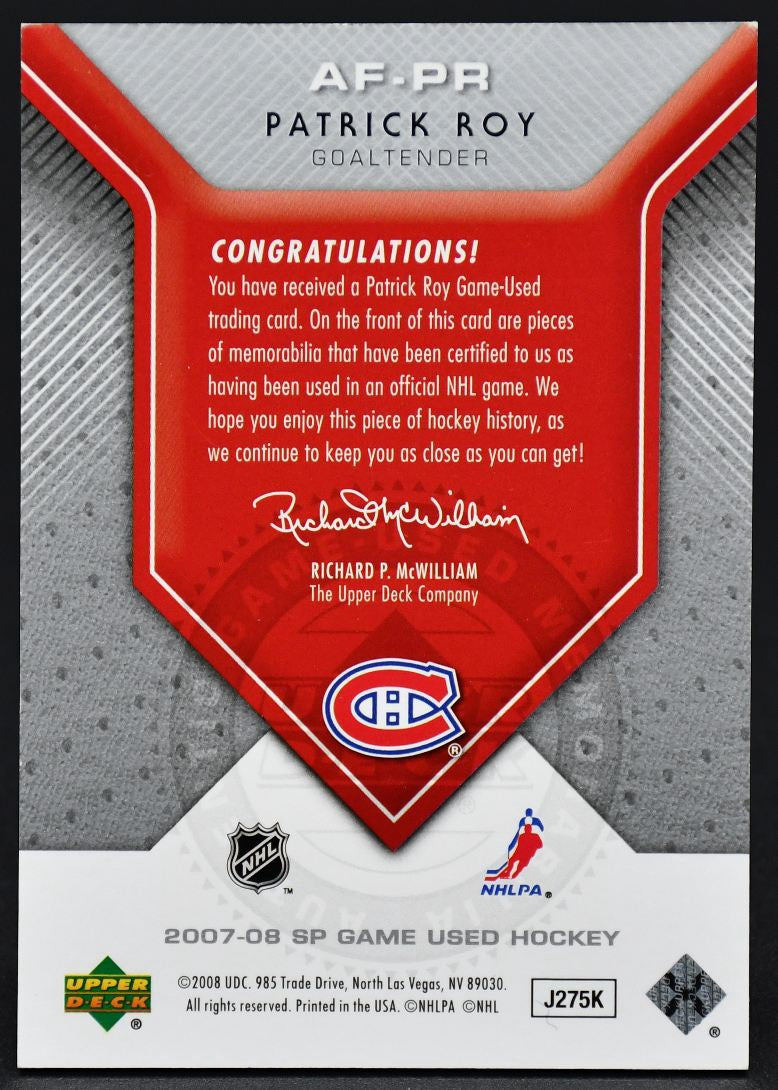 Maillot Patrick Roy AF-PR UD Artifacts Authentic Fabrics 2007-08