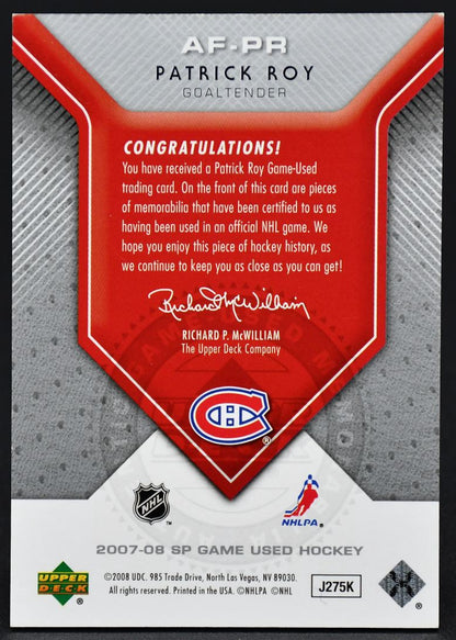 Maillot Patrick Roy AF-PR UD Artifacts Authentic Fabrics 2007-08