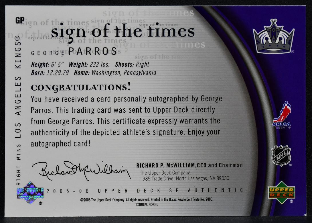 2005-06 SP Authentic Sign of the Times George Parros GP Kings Auto 1578