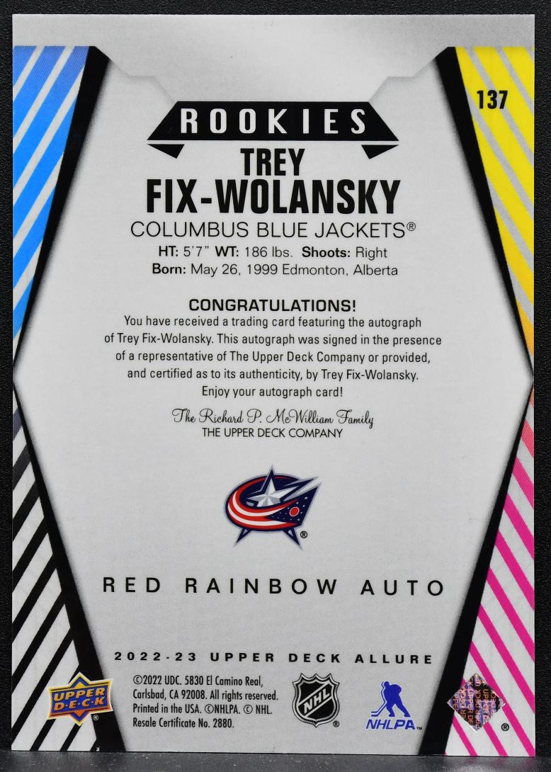 2022-23 UD Allure Red Rainbow Trey Fix-Wolansky Blue Jackets Auto 4052