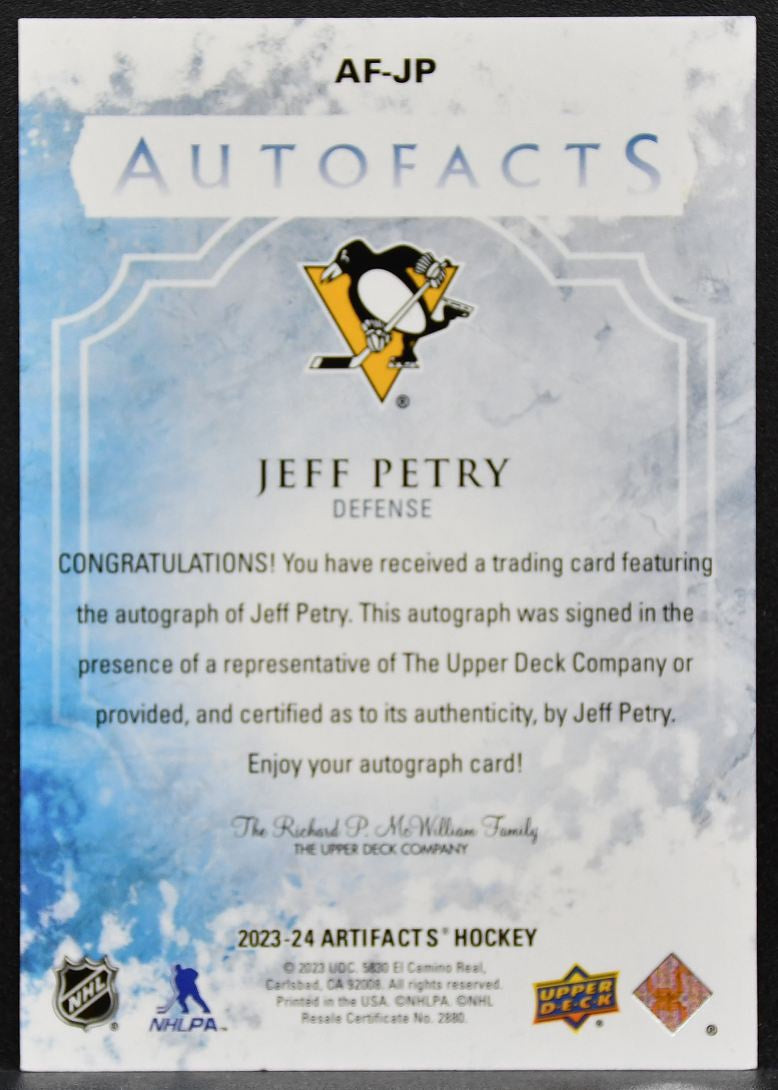 2023-24 Upper Deck Artifacts Auto Facts Jeff Petry AF-JP Penguins Auto 2823
