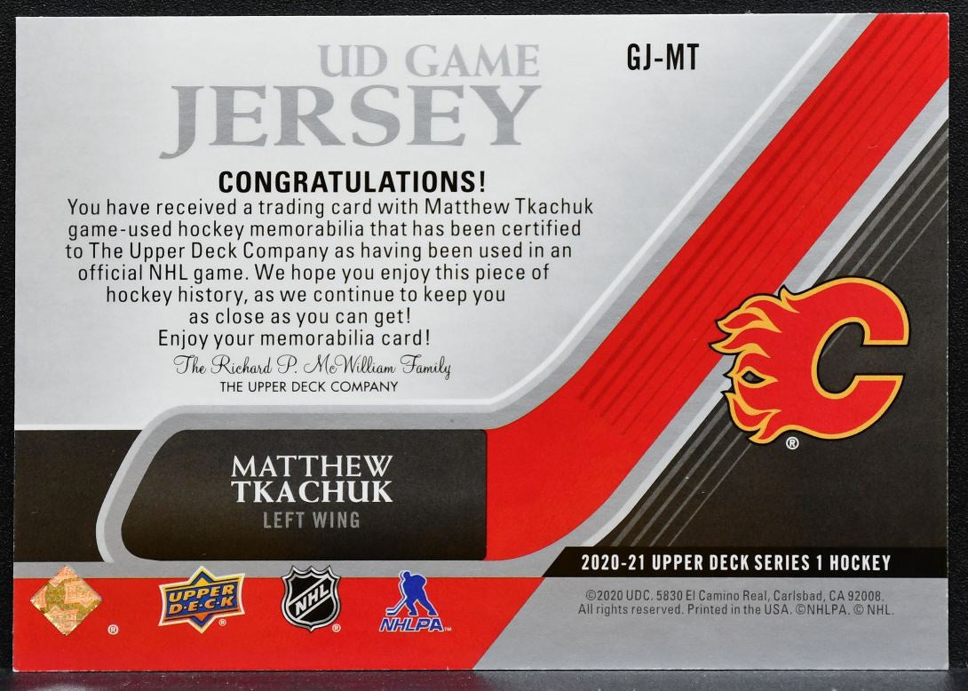 2020-21 Upper Deck UD Game Jersey Matthew Tkachuk GJ-MT Flames Jersey 0956