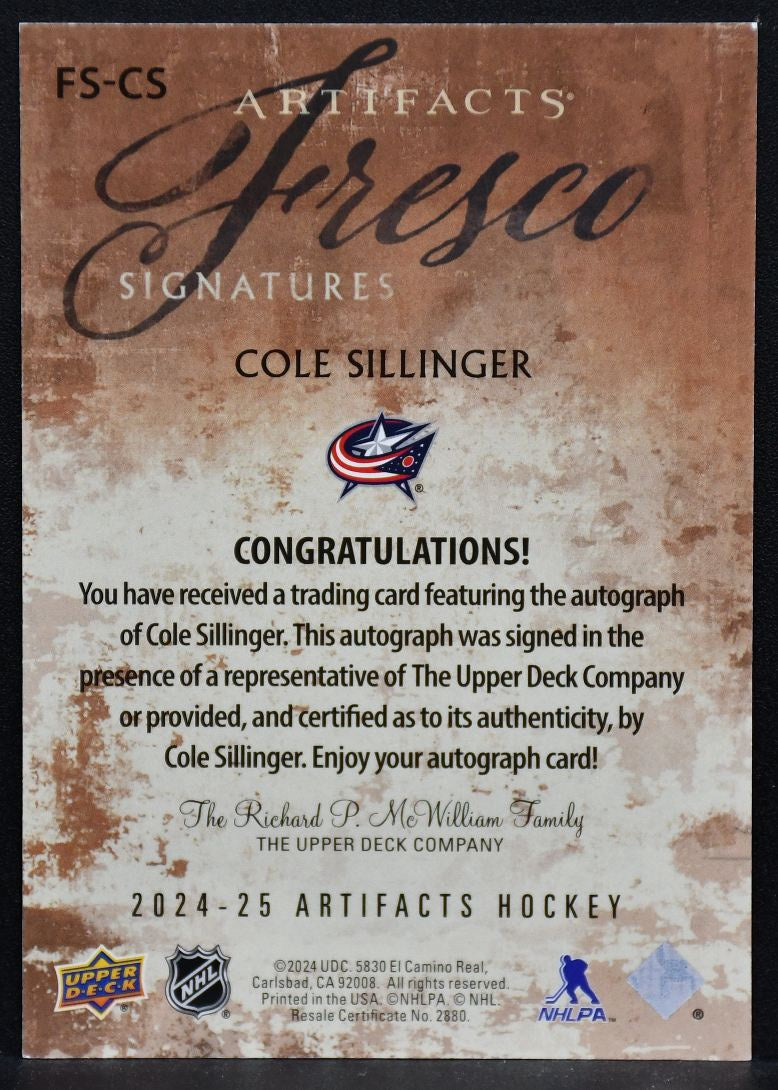 24-25 UD Artifacts Fresco Signatures Cole Sillinger FS-CS Blue Jackets Auto 5341