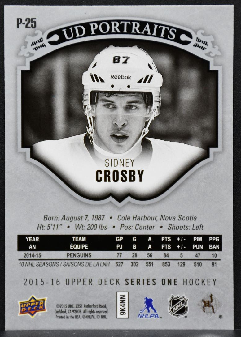 2015-16 Upper Deck Series 1 UD Portraits Sidney Crosby P-25 Pittsburgh Penguins 6613