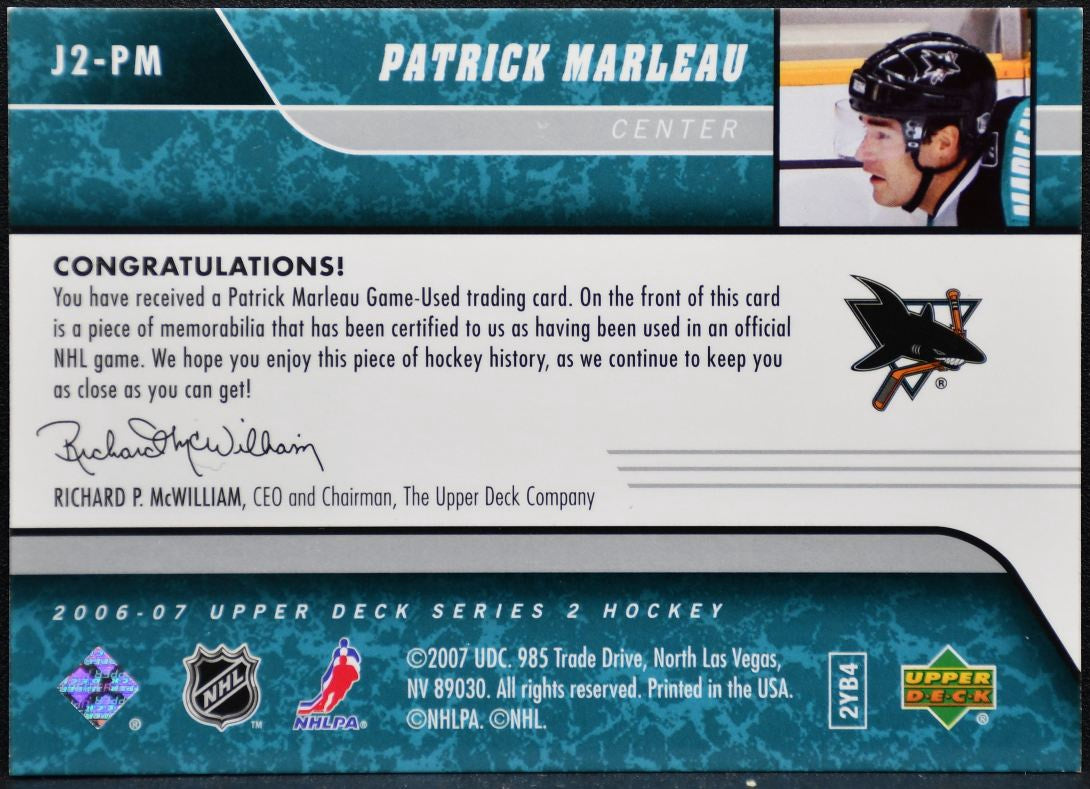 2006-07 Upper Deck Series 2 UD Game Jersey Patrick Marleau Sharks Jersey 2744