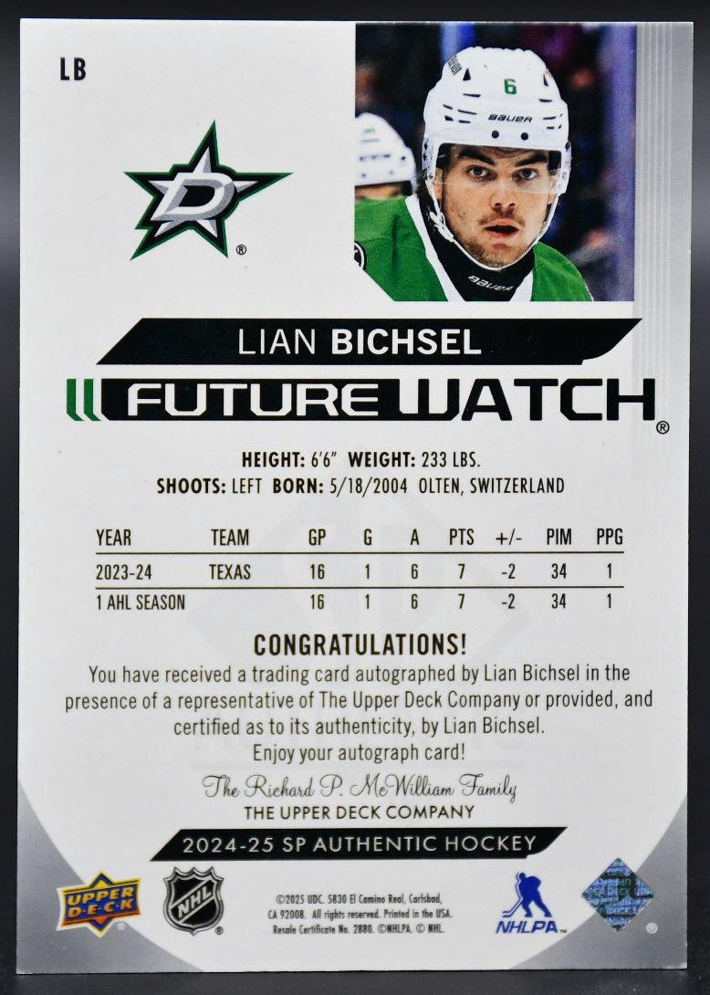 2024-25 SP Authentic Lian Bichsel LB Dallas Stars RC Auto 531/999