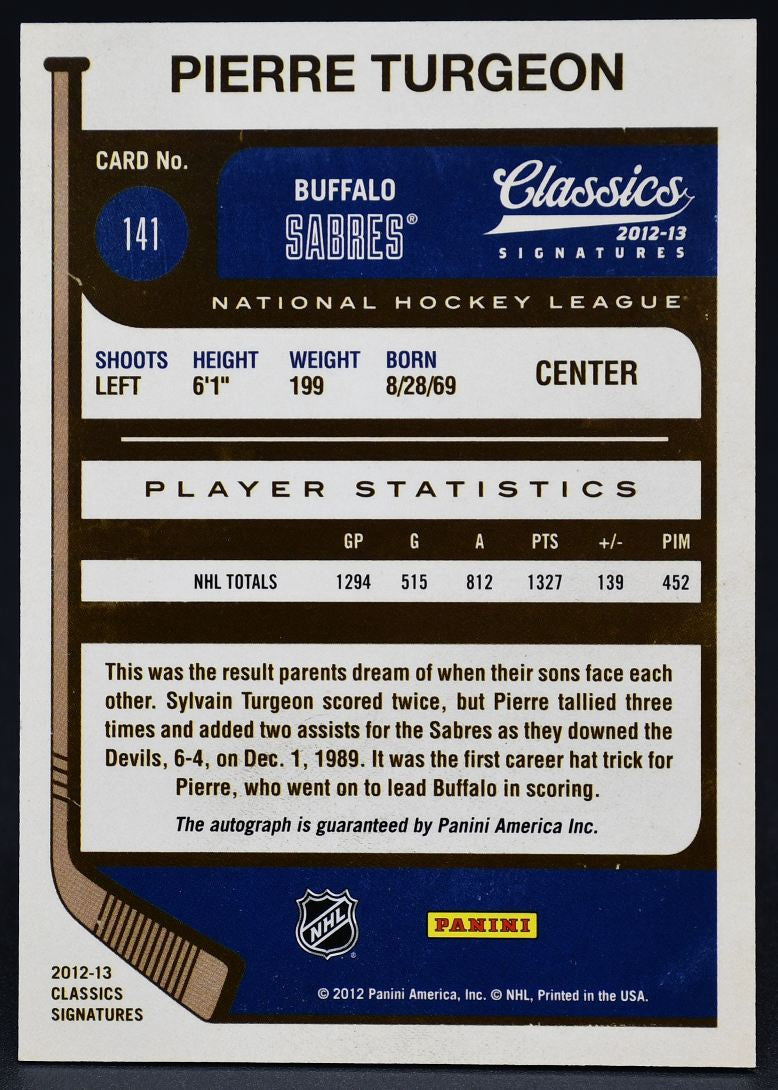 2012-13 Panini Classics Signatures Pierre Turgeon 141 Auto
