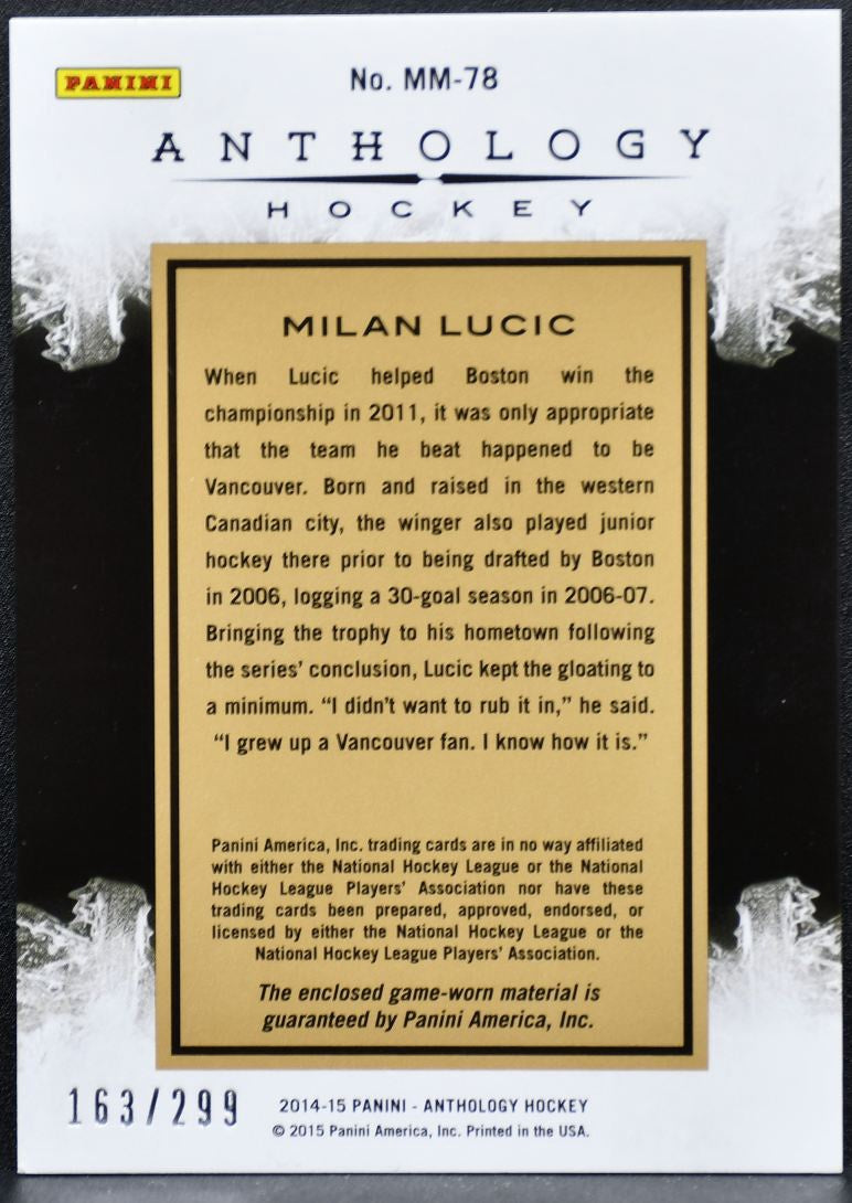 2014-15 Panini Anthology Massive Materials Milan Lucic MM-78 /299 Jersey 1786