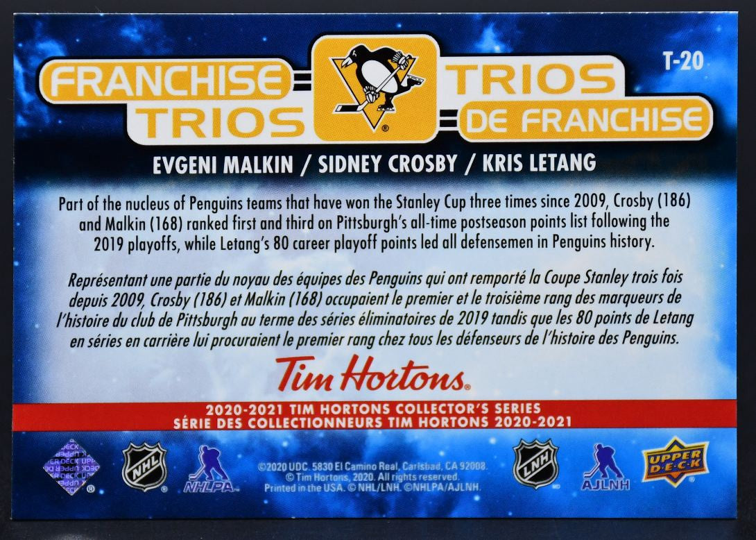 2020-21 UD Tim Hortons Malkin/Crosby/Kris Letang T-20 Pittsburgh Penguins