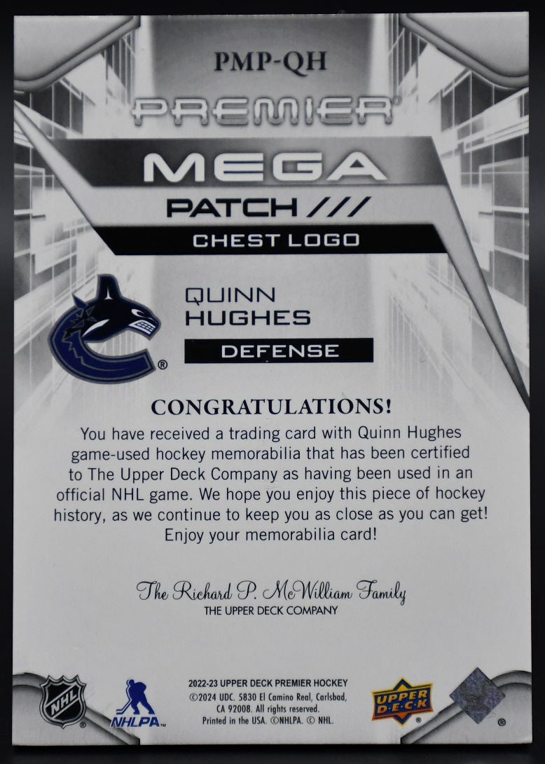 2022-23 UD Premier Quinn Hughes PMP-QH Vancouver Canucks 17/27 Patch