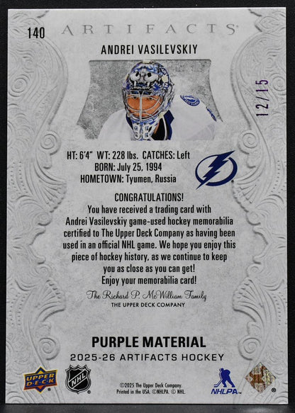 2025-26 Upper Deck Artifacts Purple Material Andrei Vasilevskiy 12/15 Patch 6513