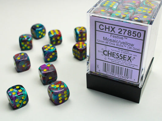 Festive 36 * D6 Mosaic / Yellow 12mm Chessex Dice (CHX27850)