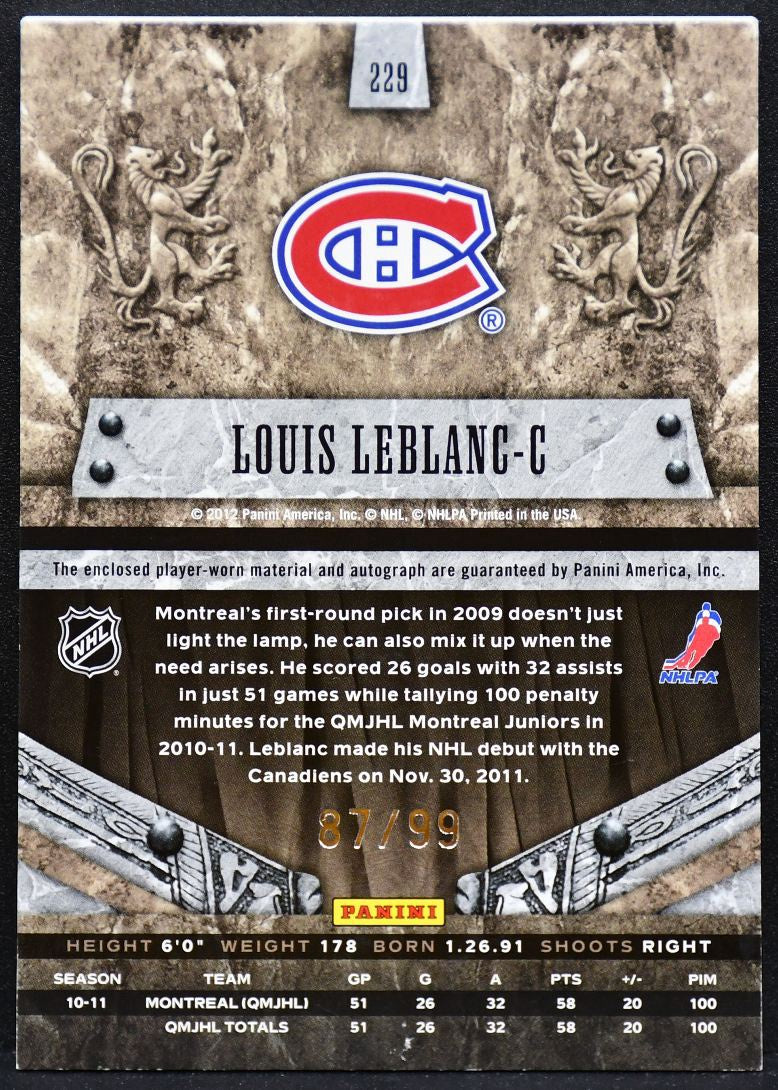 2011-12 Panini Anthology Crown Royale Leblanc Canadiens RC Auto 87/99 Patch 2933