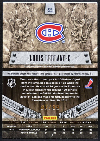 2011-12 Panini Anthology Crown Royale Leblanc Canadiens RC Auto 87/99 Patch 2933