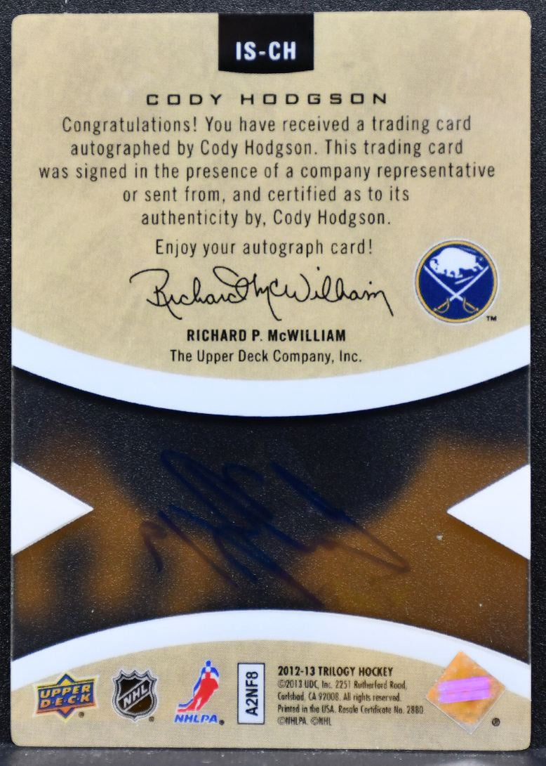 2012-13 Upper Deck Trilogy Ice Scripts Cody Hodgson Buffalo Sabres Auto 5917
