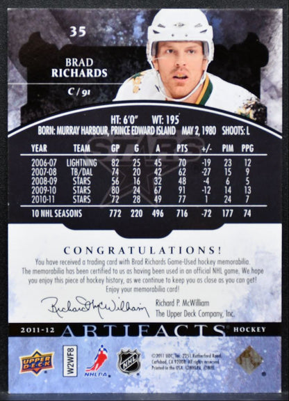 2011-12 UD Artifacts Materials Silver Brad Richards 35 Stars 021/125 Jersey 3315