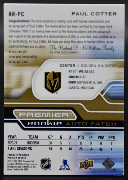 2021-22 UD Premier Paul Cotter CC-CR Vegas Golden Knights RC Auto 12/65 Patch