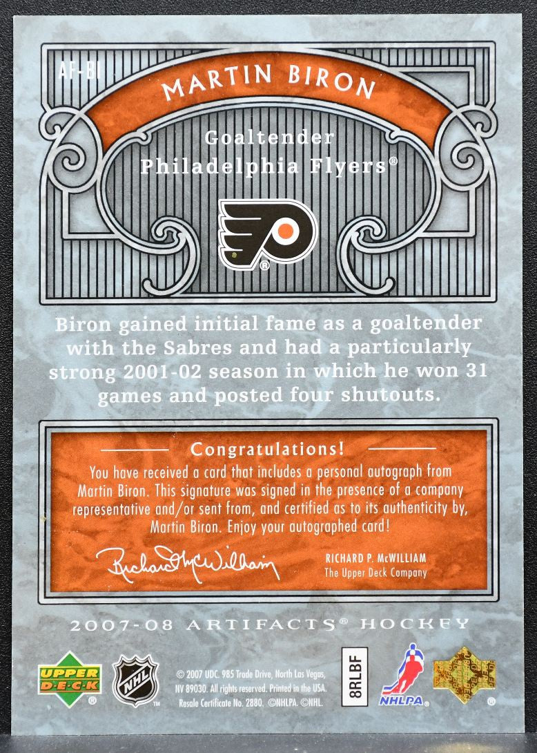 2007-08 Upper Deck Artifacts Auto-Facts Martin Biron AF-BI Flyers Auto 1759