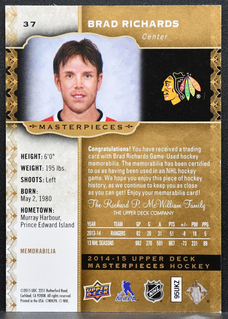 2014-15 UD Masterpieces Memorabilia Brad Richards 37 Blackhawks Jersey 4961