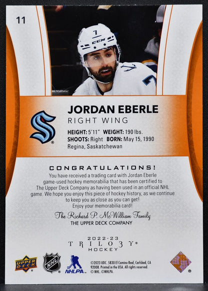 2022-23 UD Trilogy Orange Foil Jersey Jordan Eberle 11 Kraken Jersey 2485