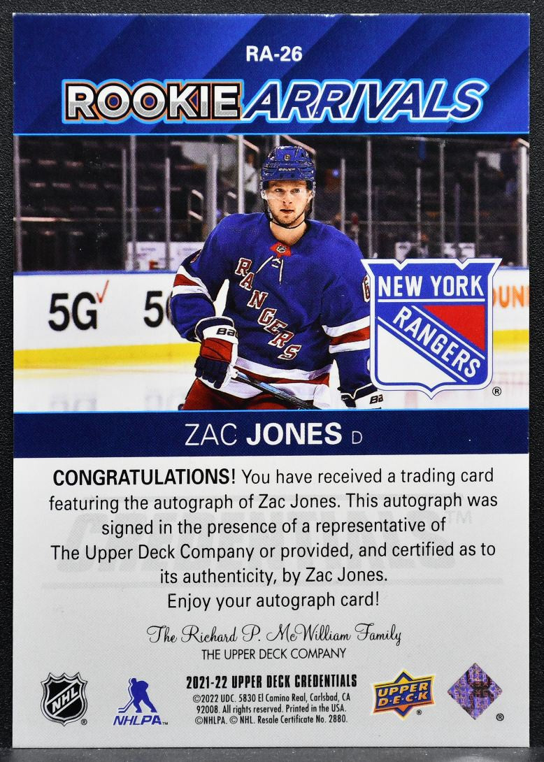 2021-22 UD Credentials Rookie Arrivals Autographs Zac Jones Rangers RC Auto 3277