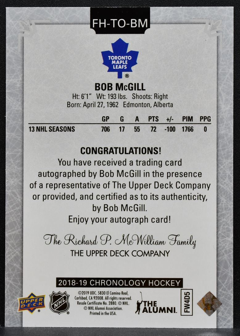 2018-19 UD Chronology Franchise History Auto Bob McGill Maple Leafs Auto 0512