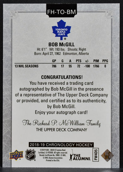 2018-19 UD Chronology Franchise History Auto Bob McGill Maple Leafs Auto 0512