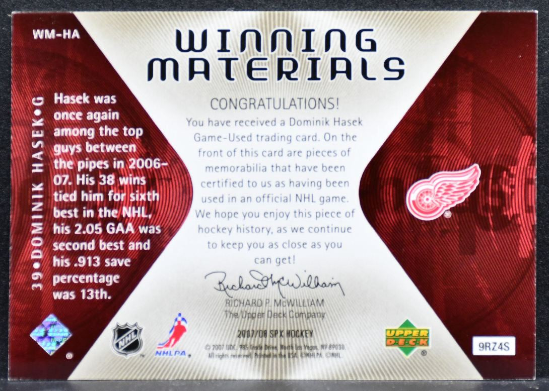 2007-08 SPx Winning Materials Dominik Hasek WM-HA Detroit Red Wings Jersey 5702