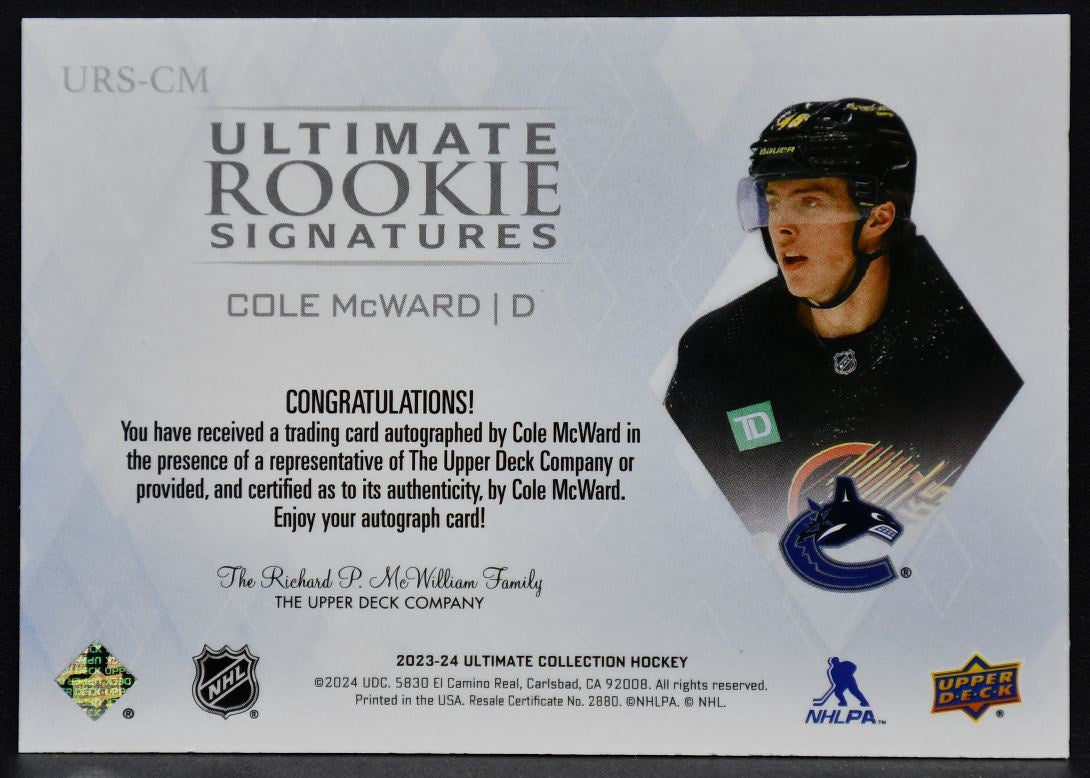 23-24 UD Ultimate Collection RC Signatures Cole McWard URS-CM Canucks RC Auto 5570