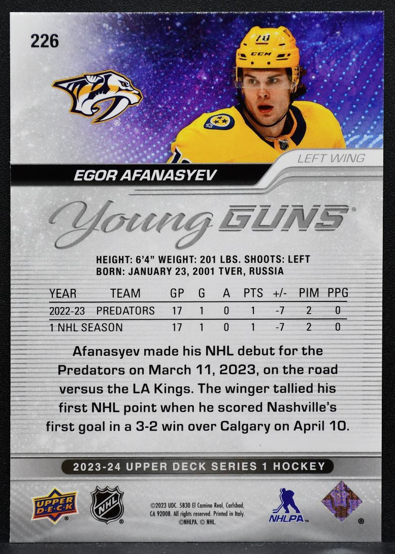 2023-24 Upper Deck Series 1 Young Guns Egor Afanasyev 226 Predators RC 2669