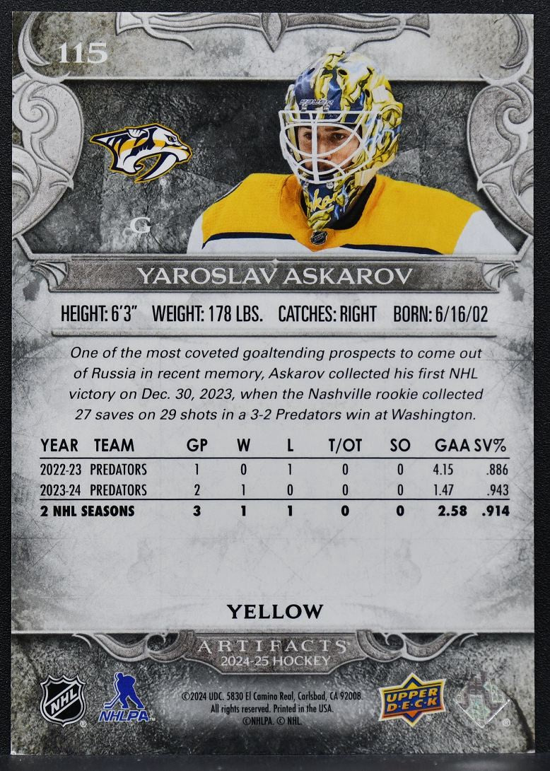 2024-25 UD Artifacts Yellow Yaroslav Askarov 115 Nashville Predators 19 /50 8403