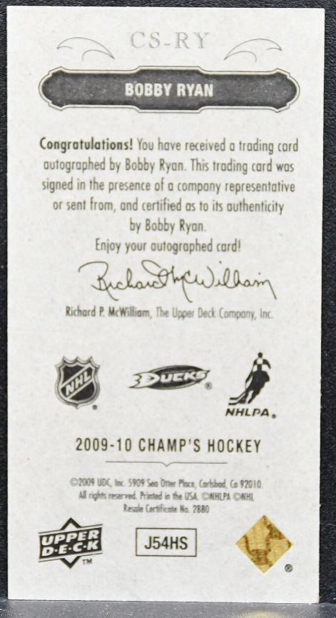 2009-10 Upper Deck Champ's Signatures Bobby Ryan CS-RY Anaheim Ducks Auto 0345