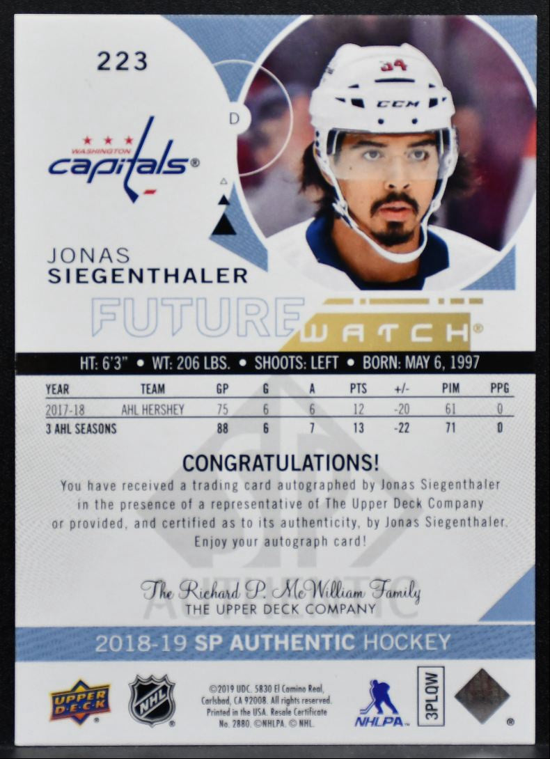 2018-19 SP Authentic Future Watch Auto Siegenthaler RC Auto 951/999 9748
