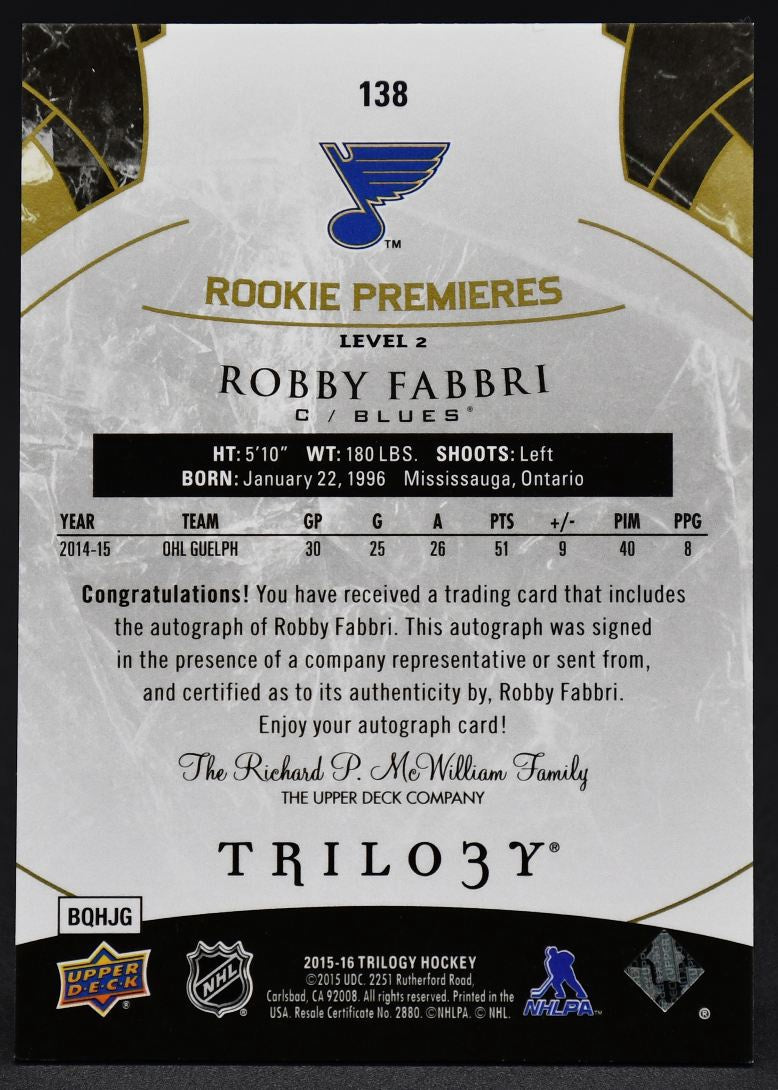 2015-16 UD Trilogy Rookie Premieres Robby Fabbri 138 RC Auto