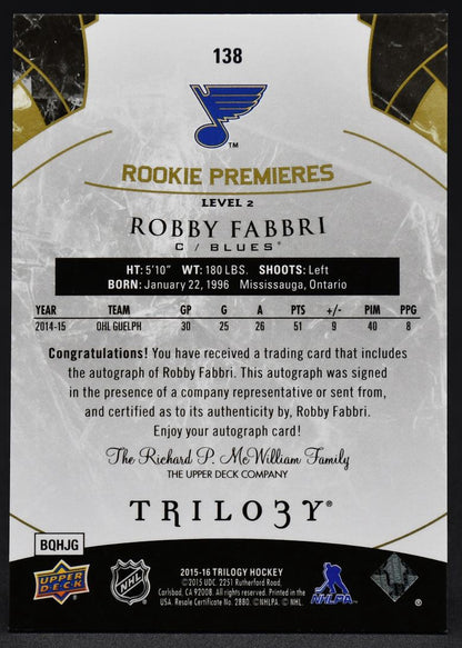 2015-16 UD Trilogy Rookie Premieres Robby Fabbri 138 RC Auto