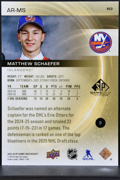 2025-26 SP Game Used Authentic Rookies Red Matthew Schaefer Islanders RC 0717
