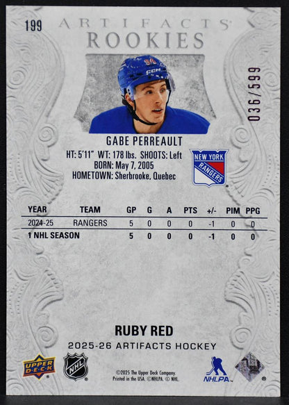 2025-26 UD Artifacts RCs Ruby Red Gabe Perreault 199 New York Rangers RC 036/599 2296